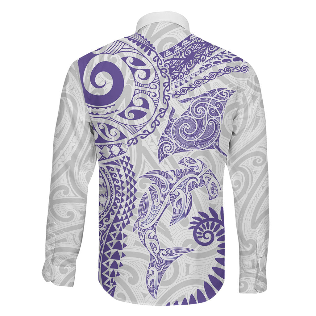 Aotearoa Maori Sea Animals Tribal Family Matching Off Shoulder Maxi Dress and Hawaiian Shirt Manta Ray and Shark Moko Pattern Purple Color LT03 - Polynesian Pride