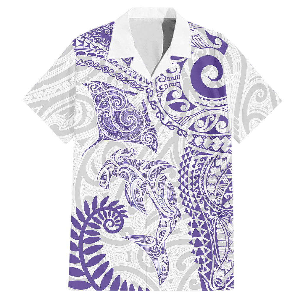 Aotearoa Maori Sea Animals Tribal Family Matching Off Shoulder Short Dress and Hawaiian Shirt Manta Ray and Shark Moko Pattern Purple Color LT03 Dad's Shirt - Short Sleeve Purple - Polynesian Pride