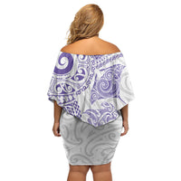 Aotearoa Maori Sea Animals Tribal Family Matching Off Shoulder Short Dress and Hawaiian Shirt Manta Ray and Shark Moko Pattern Purple Color LT03 - Polynesian Pride