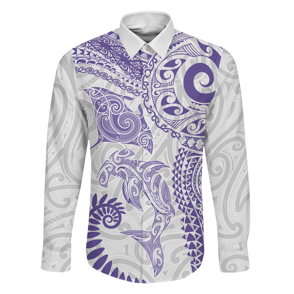 Aotearoa Maori Sea Animals Tribal Family Matching Summer Maxi Dress and Hawaiian Shirt Manta Ray and Shark Moko Pattern Purple Color LT03 Dad's Shirt - Long Sleeve Purple - Polynesian Pride