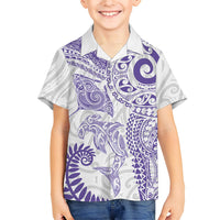 Aotearoa Maori Sea Animals Tribal Family Matching Tank Maxi Dress and Hawaiian Shirt Manta Ray and Shark Moko Pattern Purple Color LT03 Son's Shirt Purple - Polynesian Pride