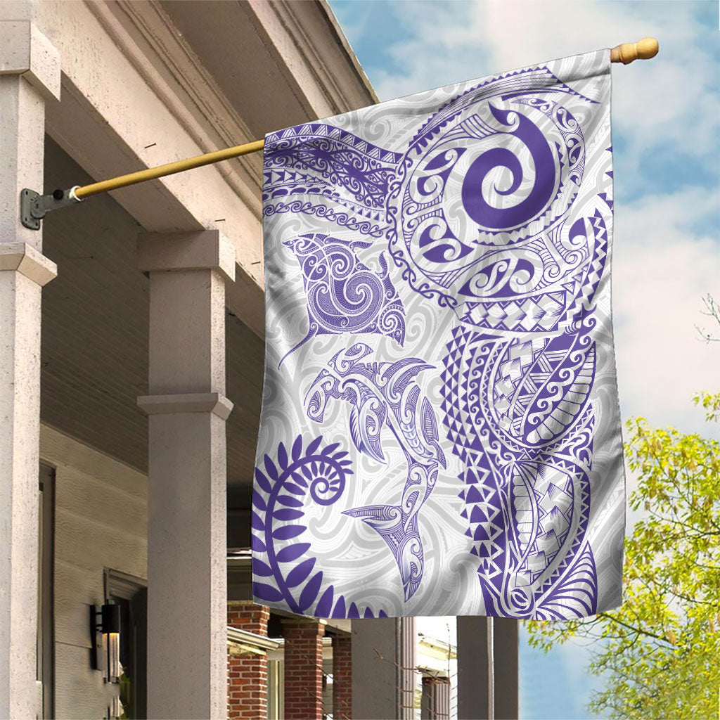 Aotearoa Maori Sea Animals Tribal Garden Flag Manta Ray and Shark Moko Pattern Purple Color LT03 House Flag Purple - Polynesian Pride