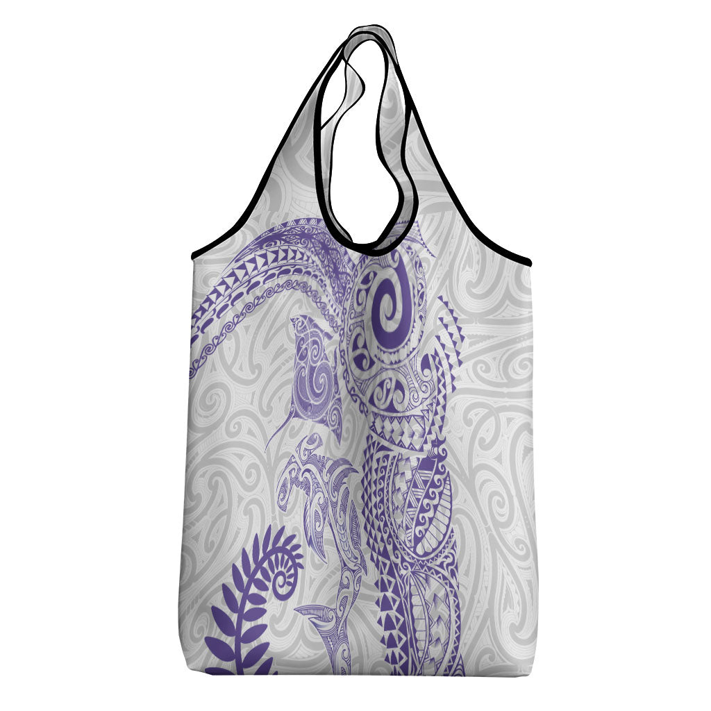 Aotearoa Maori Sea Animals Tribal Grocery Bag Manta Ray and Shark Moko Pattern Purple Color LT03 - Polynesian Pride