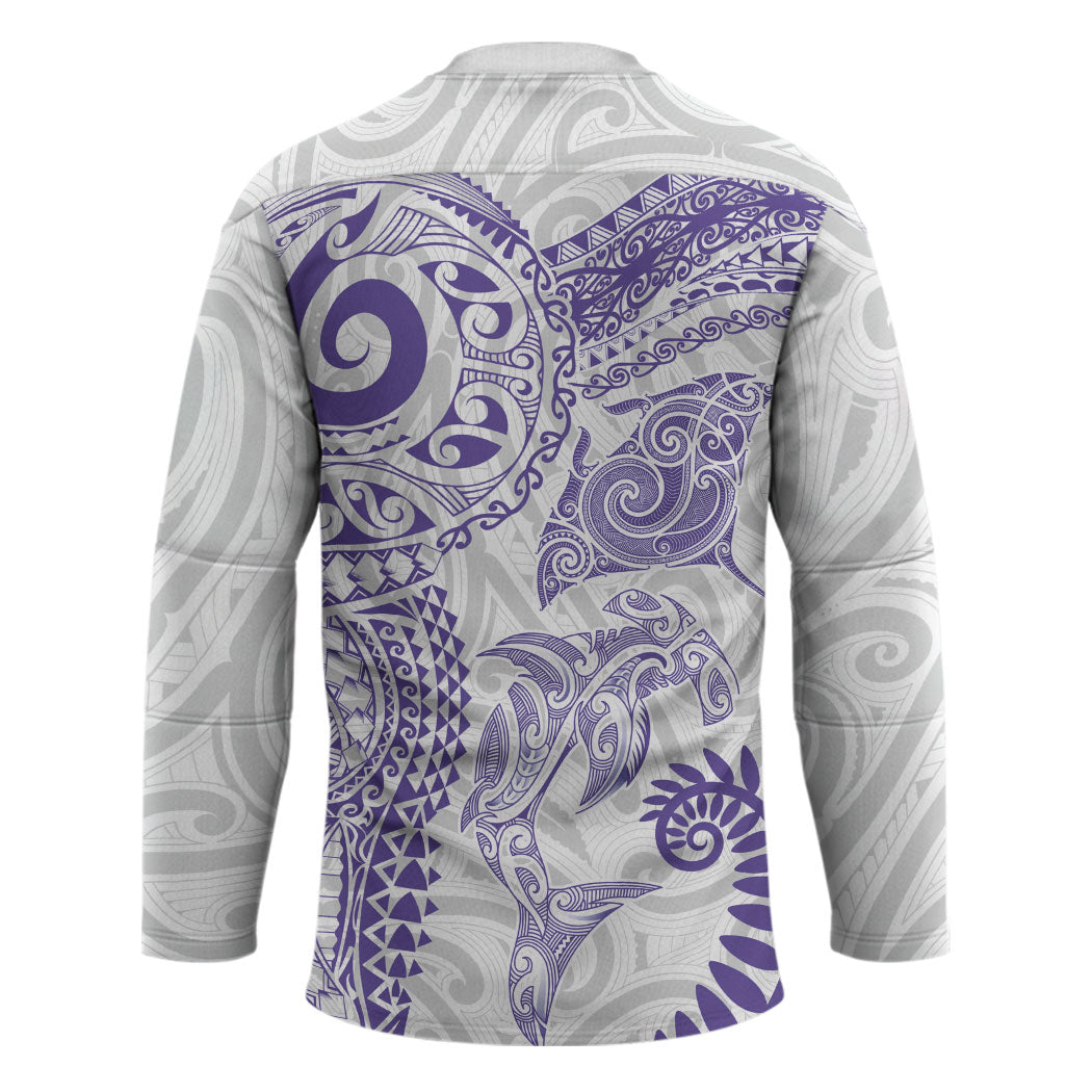 Aotearoa Maori Sea Animals Tribal Hockey Jersey Manta Ray and Shark Moko Pattern Purple Color LT03 - Polynesian Pride
