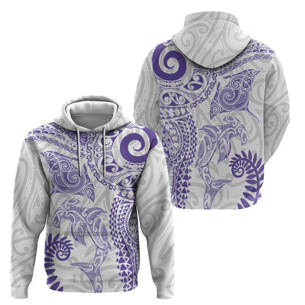 Aotearoa Maori Sea Animals Tribal Hoodie Manta Ray and Shark Moko Pattern Purple Color LT03 - Polynesian Pride