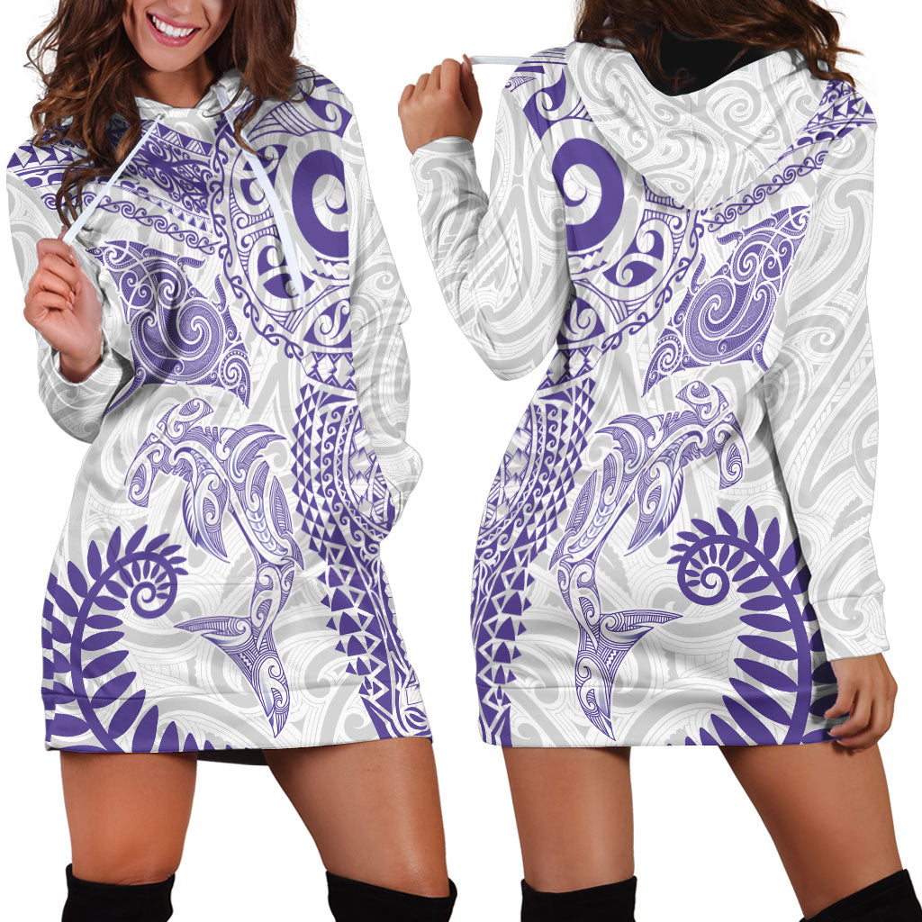 Aotearoa Maori Sea Animals Tribal Hoodie Dress Manta Ray and Shark Moko Pattern Purple Color LT03 - Polynesian Pride