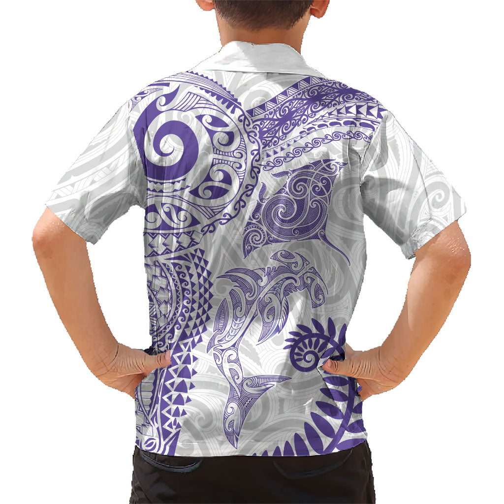 Aotearoa Maori Sea Animals Tribal Kid Hawaiian Shirt Manta Ray and Shark Moko Pattern Purple Color LT03 - Polynesian Pride