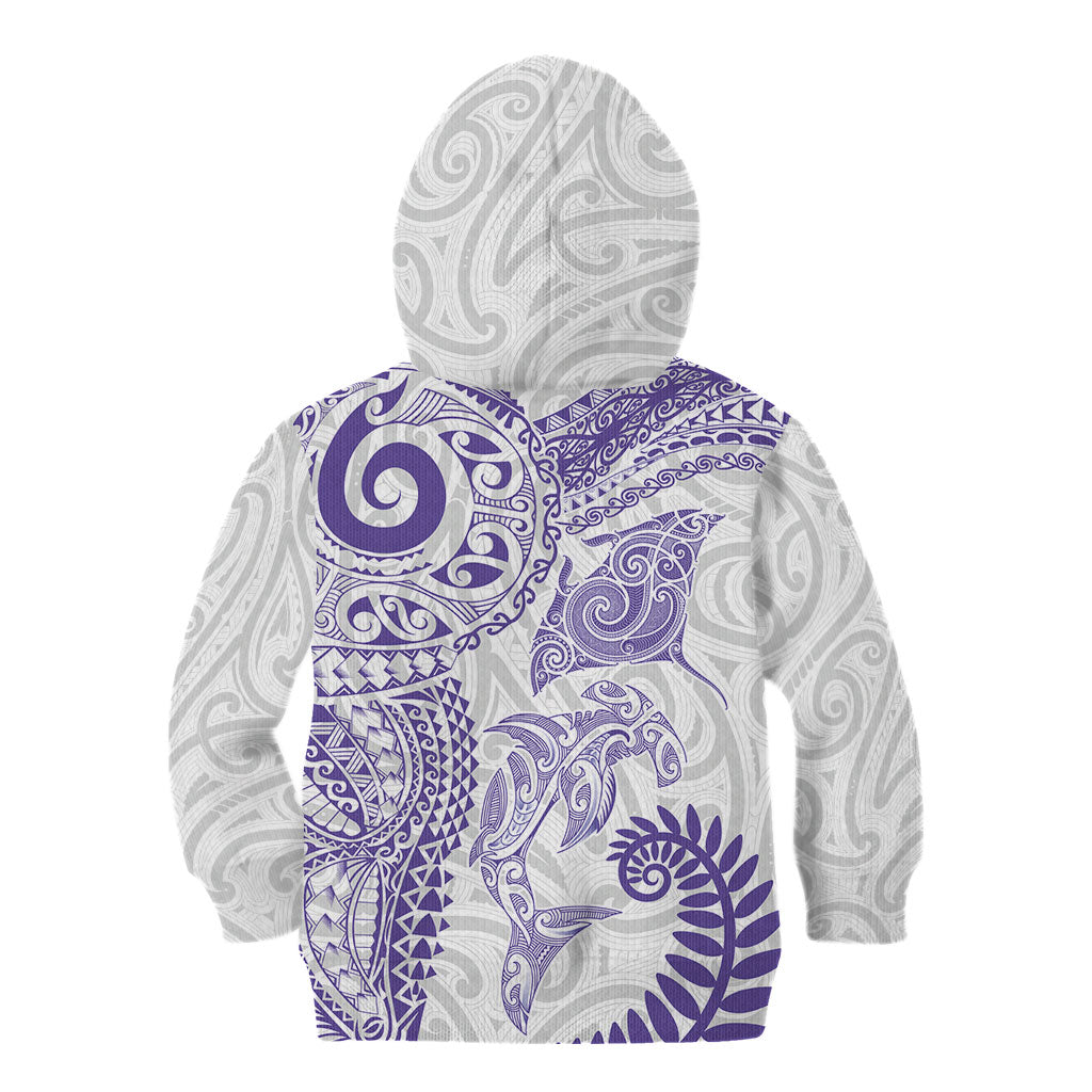 Aotearoa Maori Sea Animals Tribal Kid Hoodie Manta Ray and Shark Moko Pattern Purple Color LT03 - Polynesian Pride