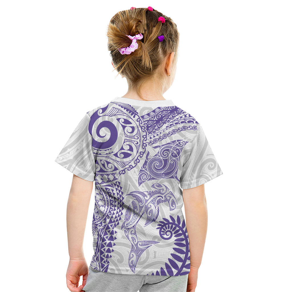 Aotearoa Maori Sea Animals Tribal Kid T Shirt Manta Ray and Shark Moko Pattern Purple Color LT03 - Polynesian Pride