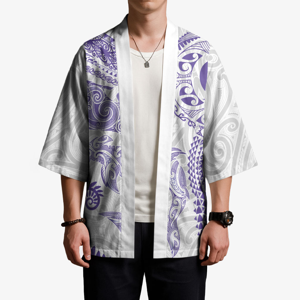 Aotearoa Maori Sea Animals Tribal Kimono Manta Ray and Shark Moko Pattern Purple Color