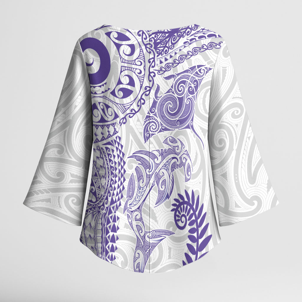 Aotearoa Maori Sea Animals Tribal Kimono Sleeve Blouse Manta Ray and Shark Moko Pattern Purple Color LT03 - Polynesian Pride
