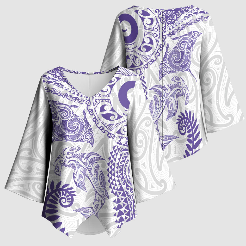 Aotearoa Maori Sea Animals Tribal Kimono Sleeve Blouse Manta Ray and Shark Moko Pattern Purple Color LT03 - Polynesian Pride