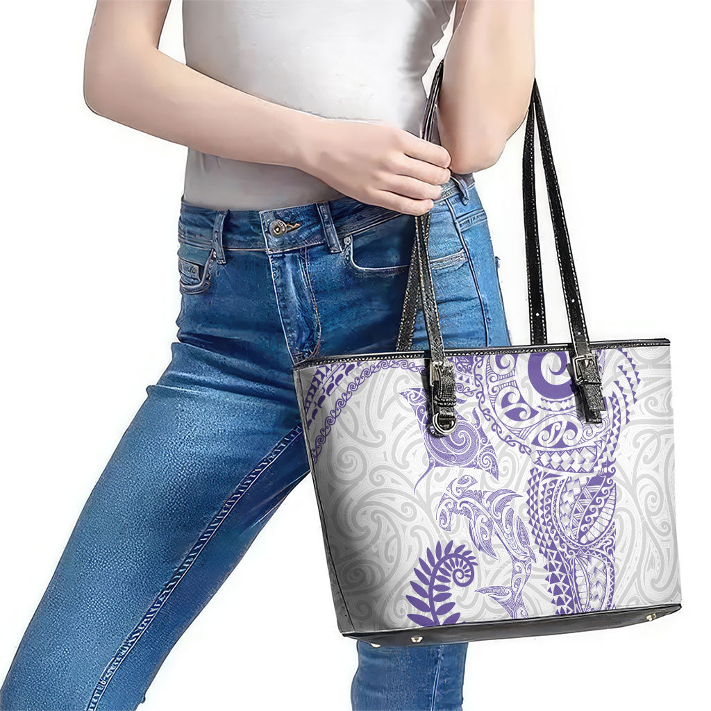 Aotearoa Maori Sea Animals Tribal Leather Tote Bag Manta Ray and Shark Moko Pattern Purple Color LT03 - Polynesian Pride