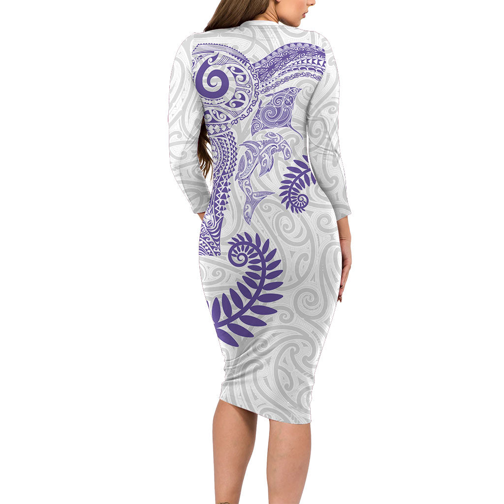 Aotearoa Maori Sea Animals Tribal Long Sleeve Bodycon Dress Manta Ray and Shark Moko Pattern Purple Color LT03 - Polynesian Pride