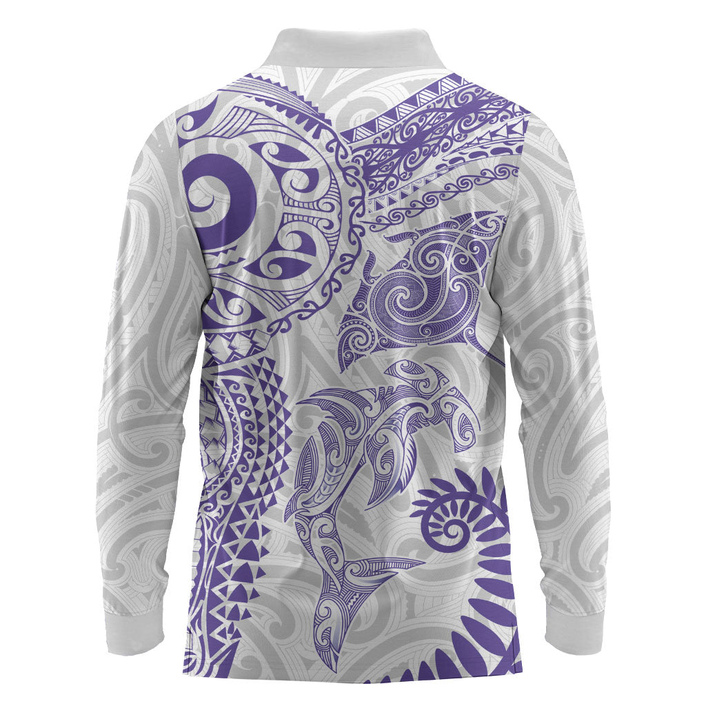 Aotearoa Maori Sea Animals Tribal Long Sleeve Polo Shirt Manta Ray and Shark Moko Pattern Purple Color LT03 - Polynesian Pride