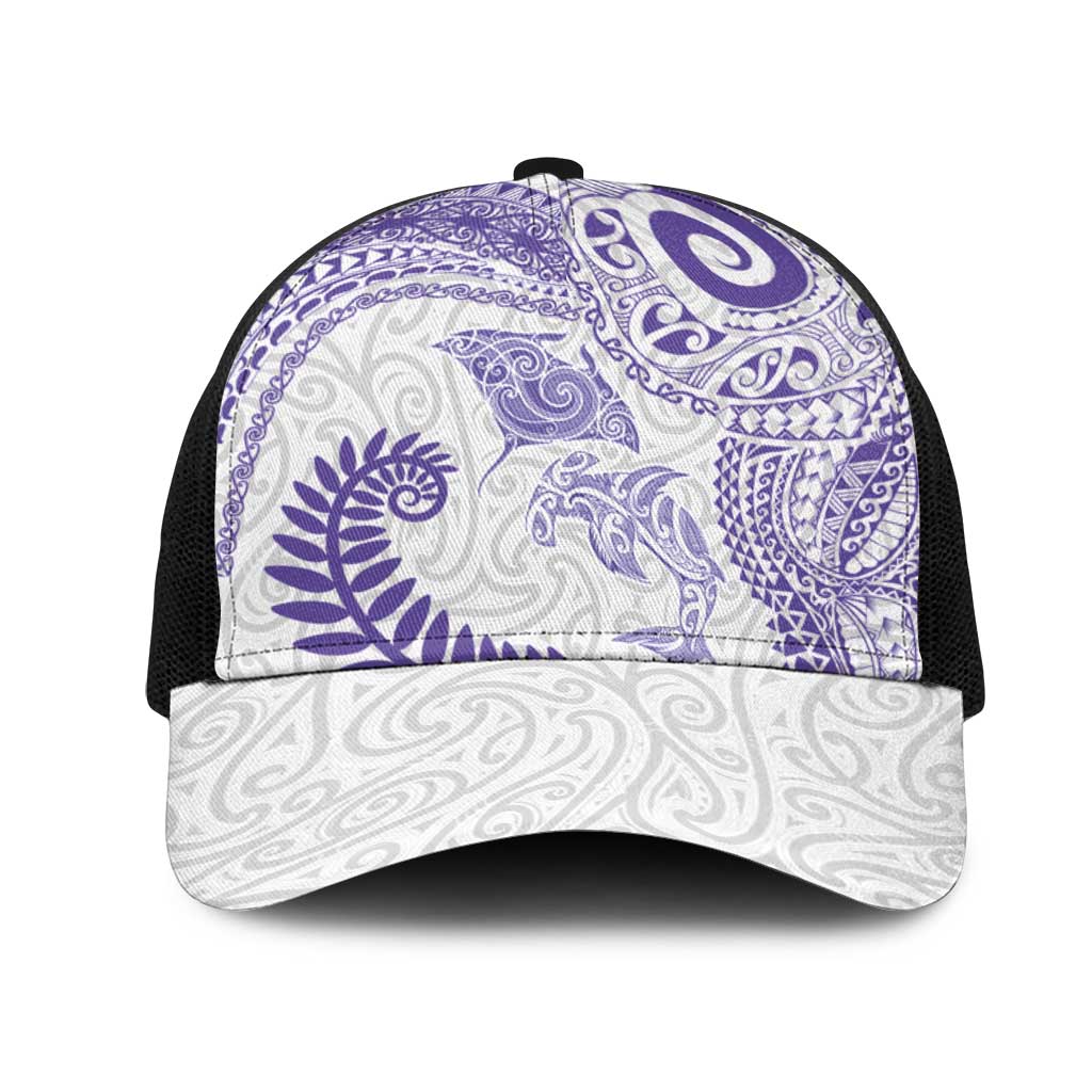 Aotearoa Maori Sea Animals Tribal Mesh Trucker Cap Manta Ray and Shark Moko Pattern Purple Color
