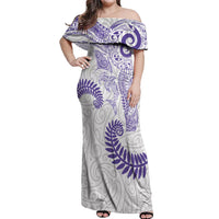 Aotearoa Maori Sea Animals Tribal Off Shoulder Maxi Dress Manta Ray and Shark Moko Pattern Purple Color LT03 Women Purple - Polynesian Pride