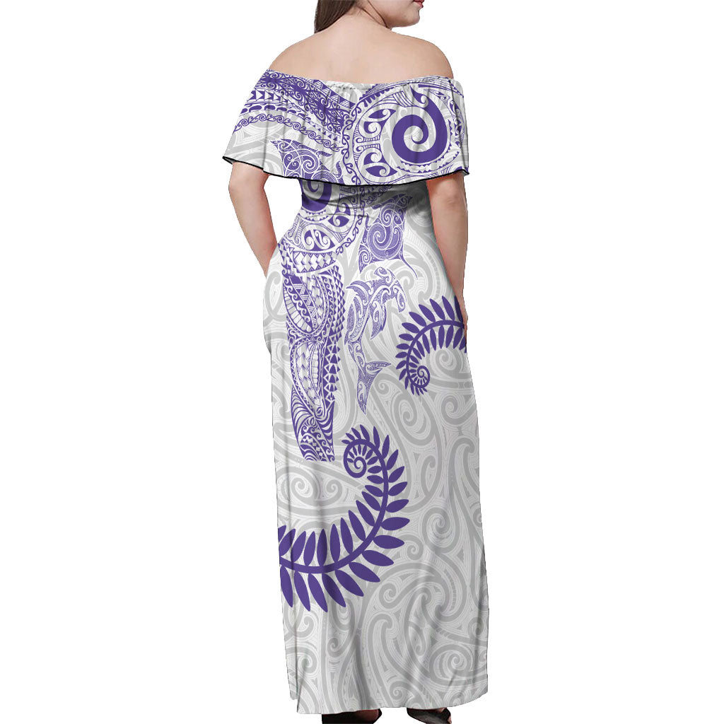 Aotearoa Maori Sea Animals Tribal Off Shoulder Maxi Dress Manta Ray and Shark Moko Pattern Purple Color LT03 - Polynesian Pride