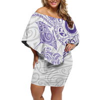 Aotearoa Maori Sea Animals Tribal Off Shoulder Short Dress Manta Ray and Shark Moko Pattern Purple Color LT03 Women Purple - Polynesian Pride
