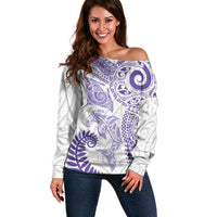 Aotearoa Maori Sea Animals Tribal Off Shoulder Sweater Manta Ray and Shark Moko Pattern Purple Color LT03 Women Purple - Polynesian Pride