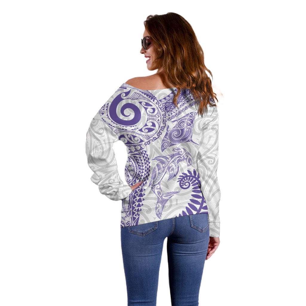 Aotearoa Maori Sea Animals Tribal Off Shoulder Sweater Manta Ray and Shark Moko Pattern Purple Color LT03 - Polynesian Pride