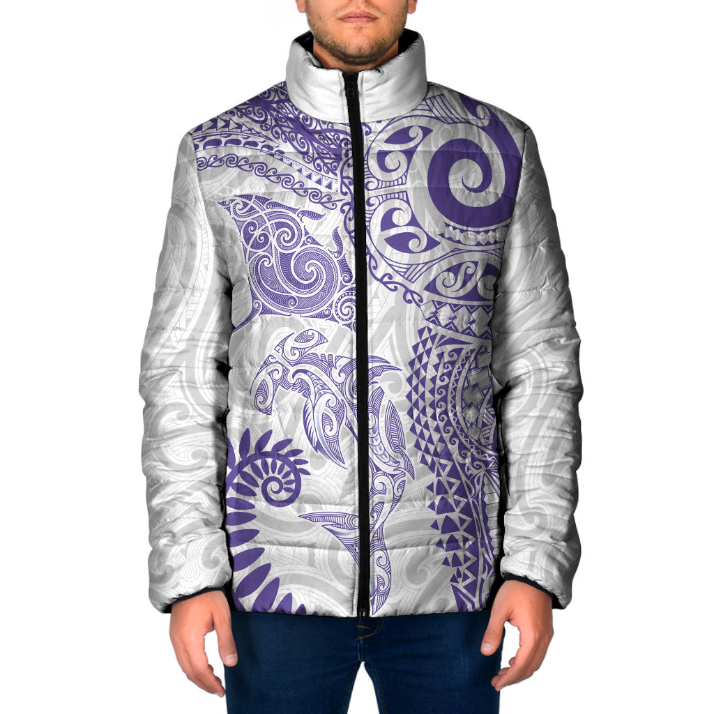 Aotearoa Maori Sea Animals Tribal Padded Jacket Manta Ray and Shark Moko Pattern Purple Color