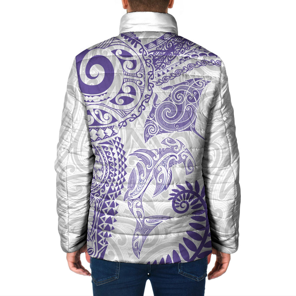 Aotearoa Maori Sea Animals Tribal Padded Jacket Manta Ray and Shark Moko Pattern Purple Color