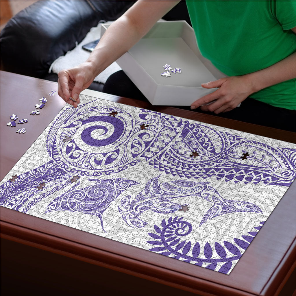 Aotearoa Maori Sea Animals Tribal Puzzle Manta Ray and Shark Moko Pattern Purple Color