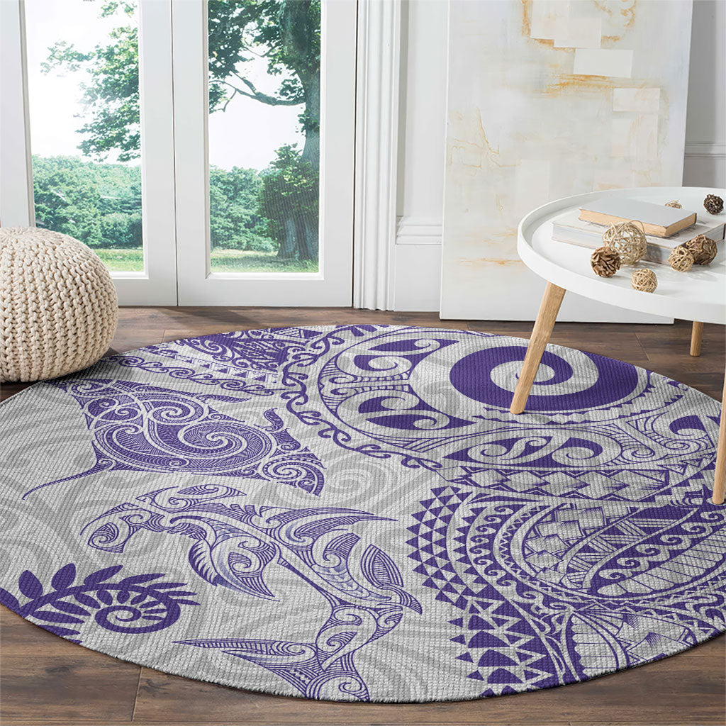 Aotearoa Maori Sea Animals Tribal Round Carpet Manta Ray and Shark Moko Pattern Purple Color