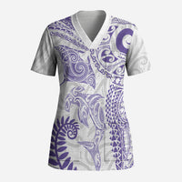 Aotearoa Maori Sea Animals Tribal Scrub Top Manta Ray and Shark Moko Pattern Purple Color
