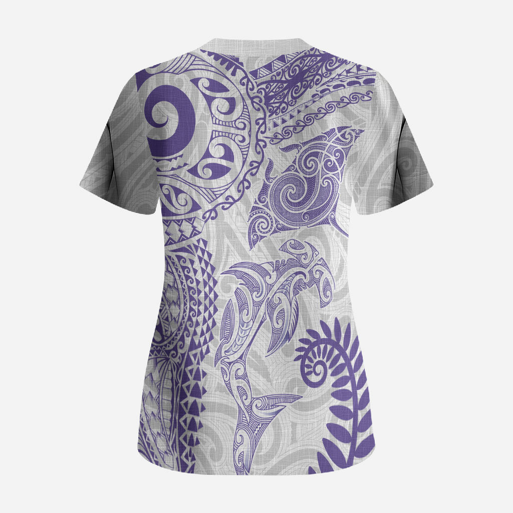 Aotearoa Maori Sea Animals Tribal Scrub Top Manta Ray and Shark Moko Pattern Purple Color