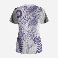 Aotearoa Maori Sea Animals Tribal Scrub Top Manta Ray and Shark Moko Pattern Purple Color