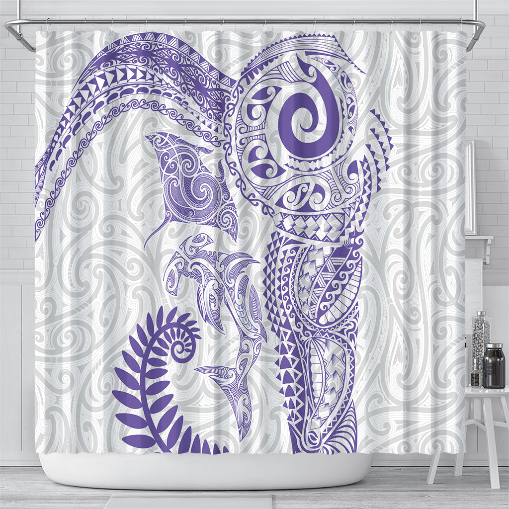 Aotearoa Maori Sea Animals Tribal Shower Curtain Manta Ray and Shark Moko Pattern Purple Color LT03 - Polynesian Pride