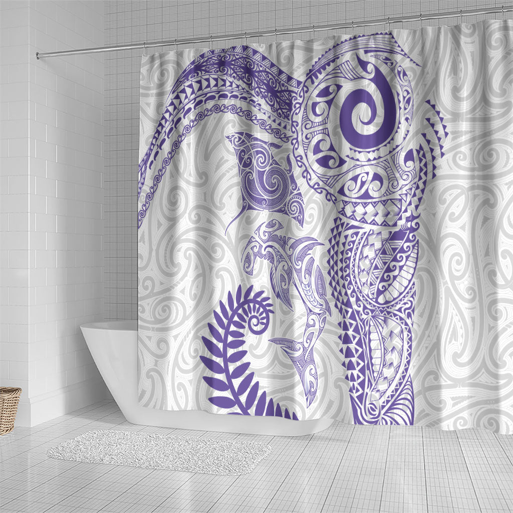Aotearoa Maori Sea Animals Tribal Shower Curtain Manta Ray and Shark Moko Pattern Purple Color LT03 - Polynesian Pride