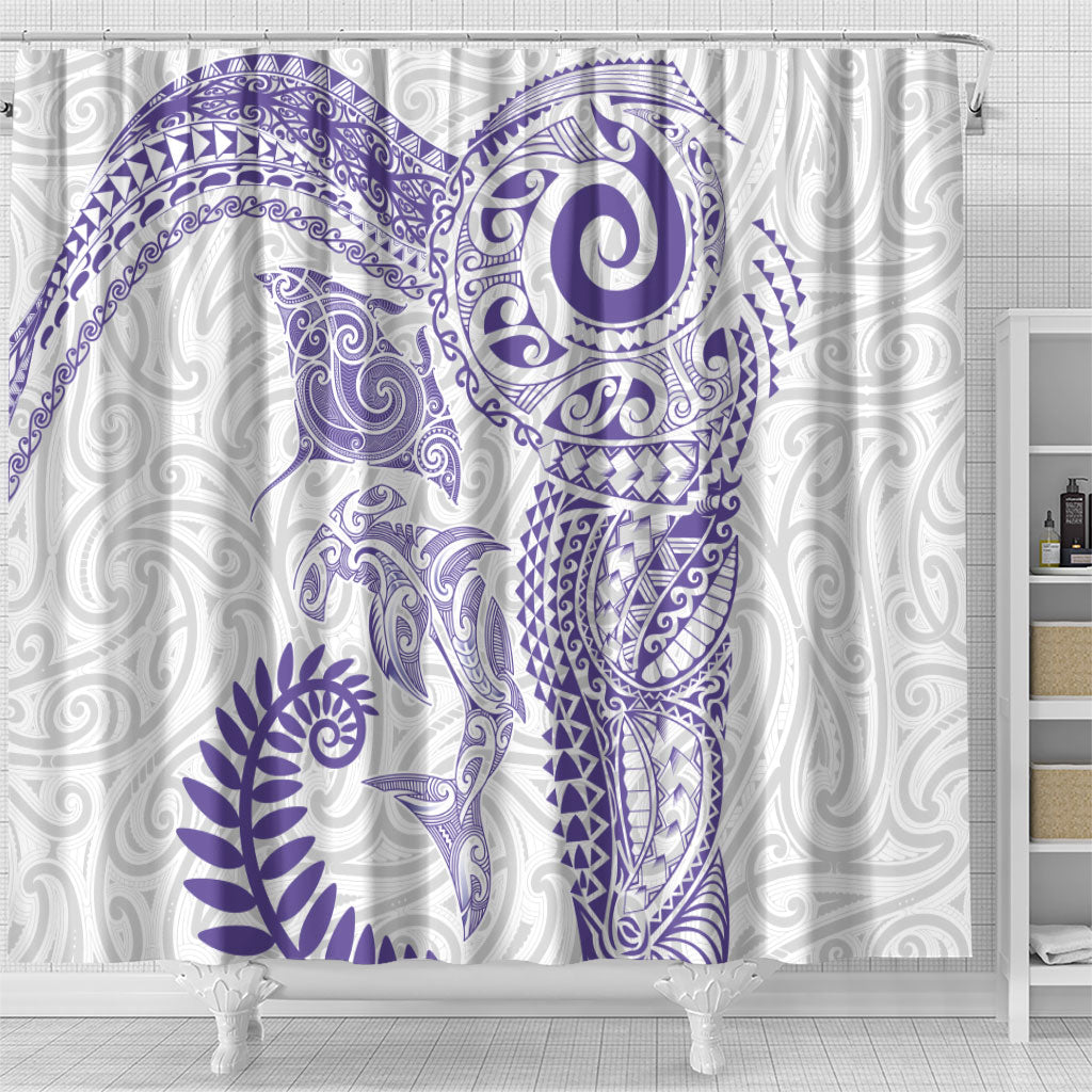 Aotearoa Maori Sea Animals Tribal Shower Curtain Manta Ray and Shark Moko Pattern Purple Color LT03 - Polynesian Pride