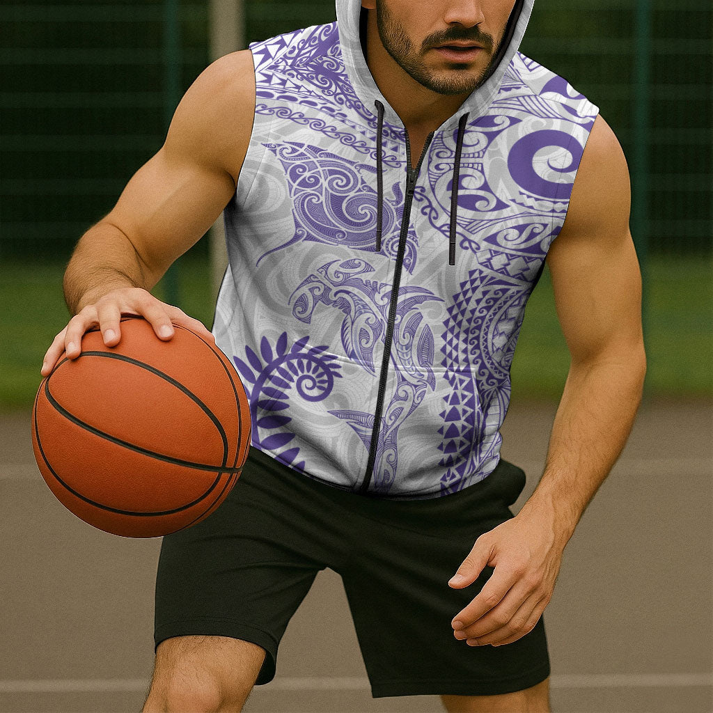 Aotearoa Maori Sea Animals Tribal Sleeveless Zip Hoodie Manta Ray and Shark Moko Pattern Purple Color LT03 - Polynesian Pride