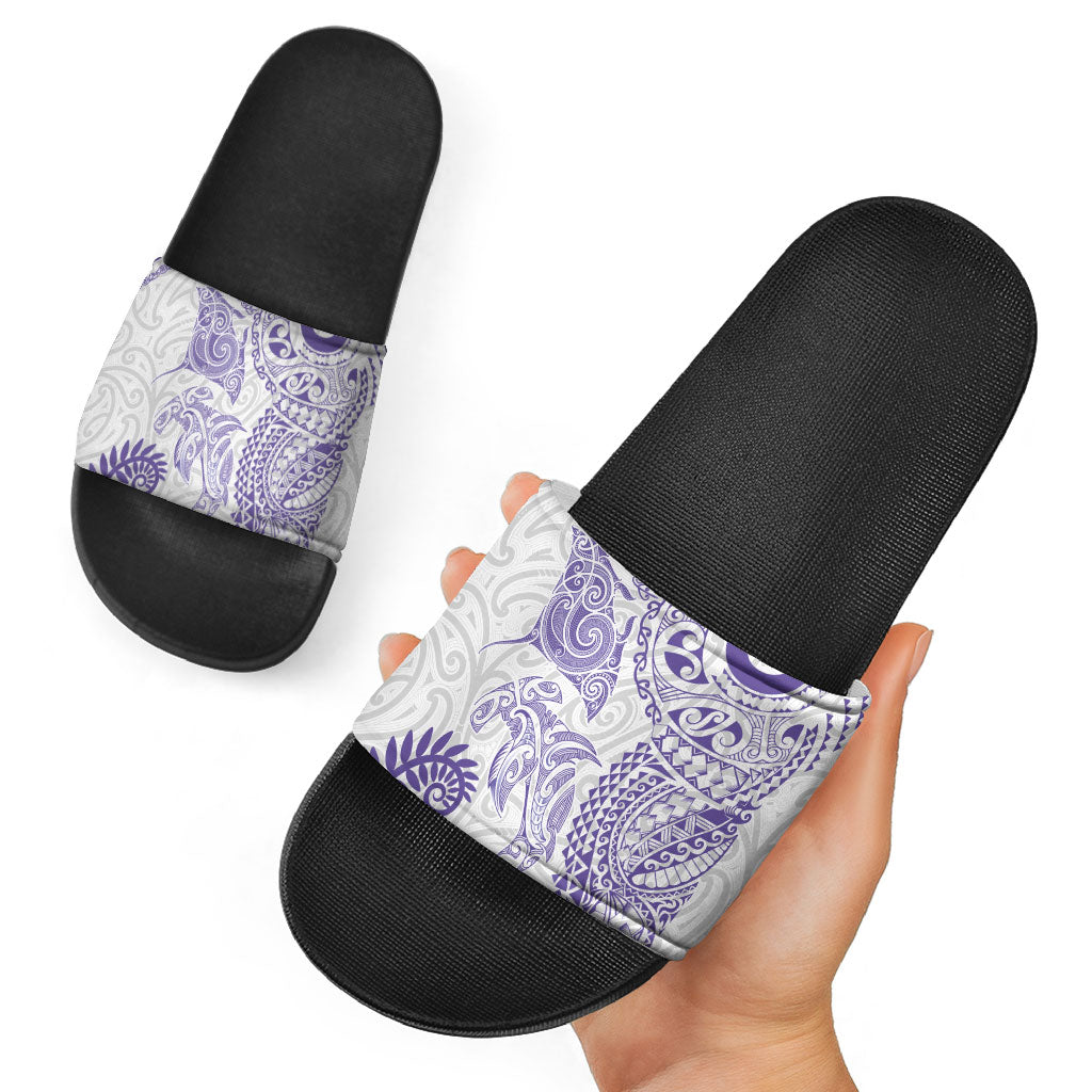 Aotearoa Maori Sea Animals Tribal Slide Sandals Manta Ray and Shark Moko Pattern Purple Color LT03 - Polynesian Pride