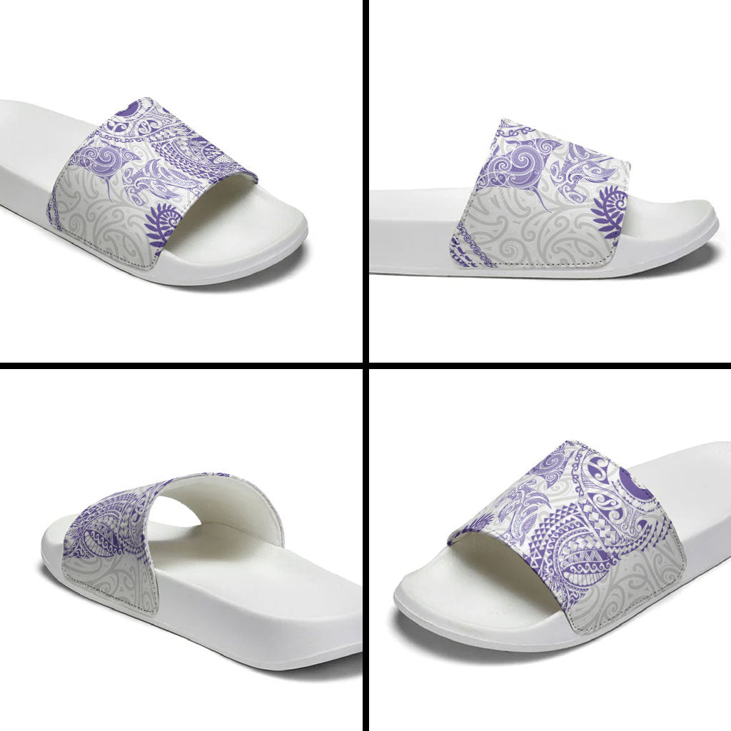 Aotearoa Maori Sea Animals Tribal Slide Sandals Manta Ray and Shark Moko Pattern Purple Color LT03 - Polynesian Pride