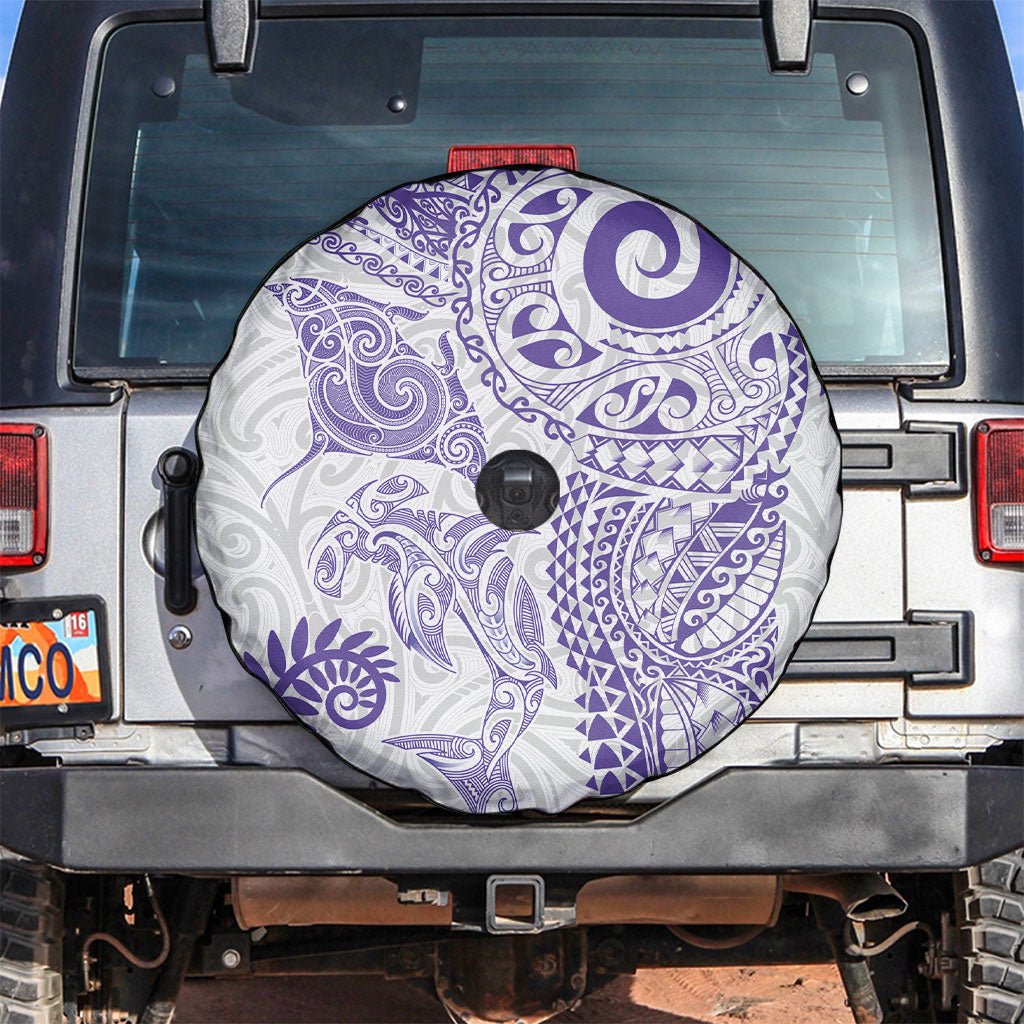 Aotearoa Maori Sea Animals Tribal Spare Tire Cover Manta Ray and Shark Moko Pattern Purple Color LT03 Purple - Polynesian Pride