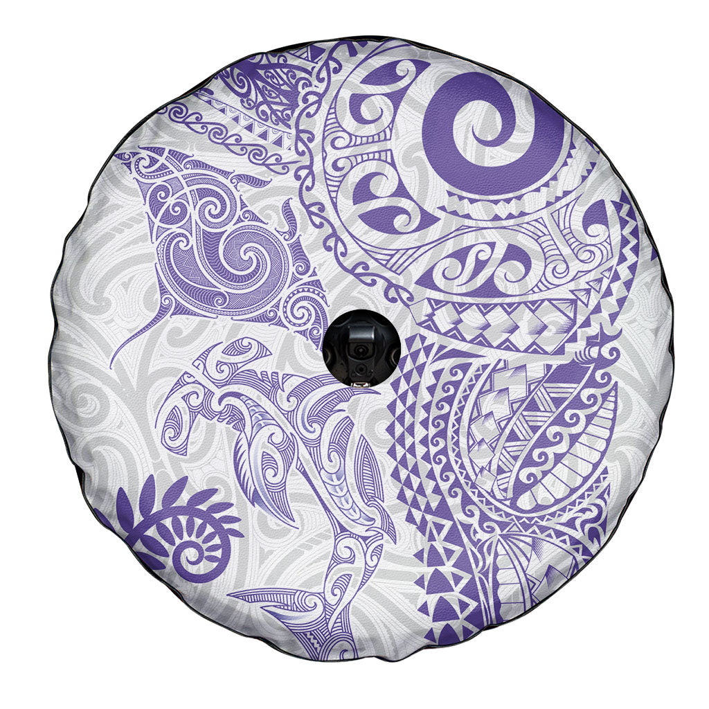 Aotearoa Maori Sea Animals Tribal Spare Tire Cover Manta Ray and Shark Moko Pattern Purple Color LT03 - Polynesian Pride