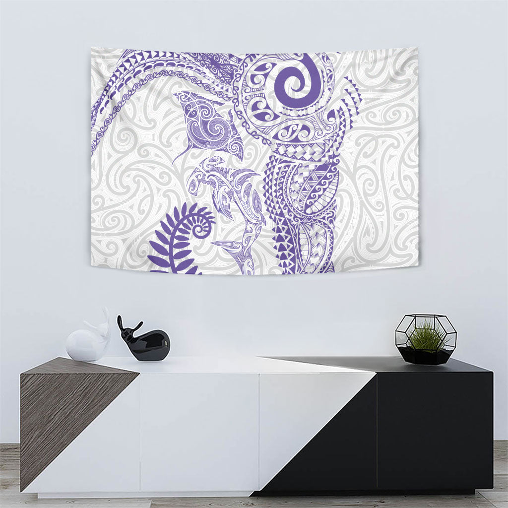 Aotearoa Maori Sea Animals Tribal Tapestry Manta Ray and Shark Moko Pattern Purple Color