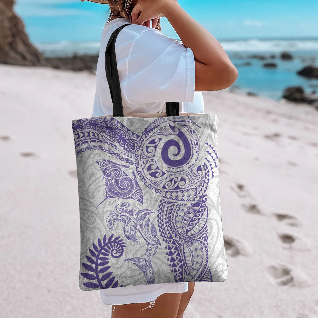 Aotearoa Maori Sea Animals Tribal Tote Bag Manta Ray and Shark Moko Pattern Purple Color LT03 - Polynesian Pride