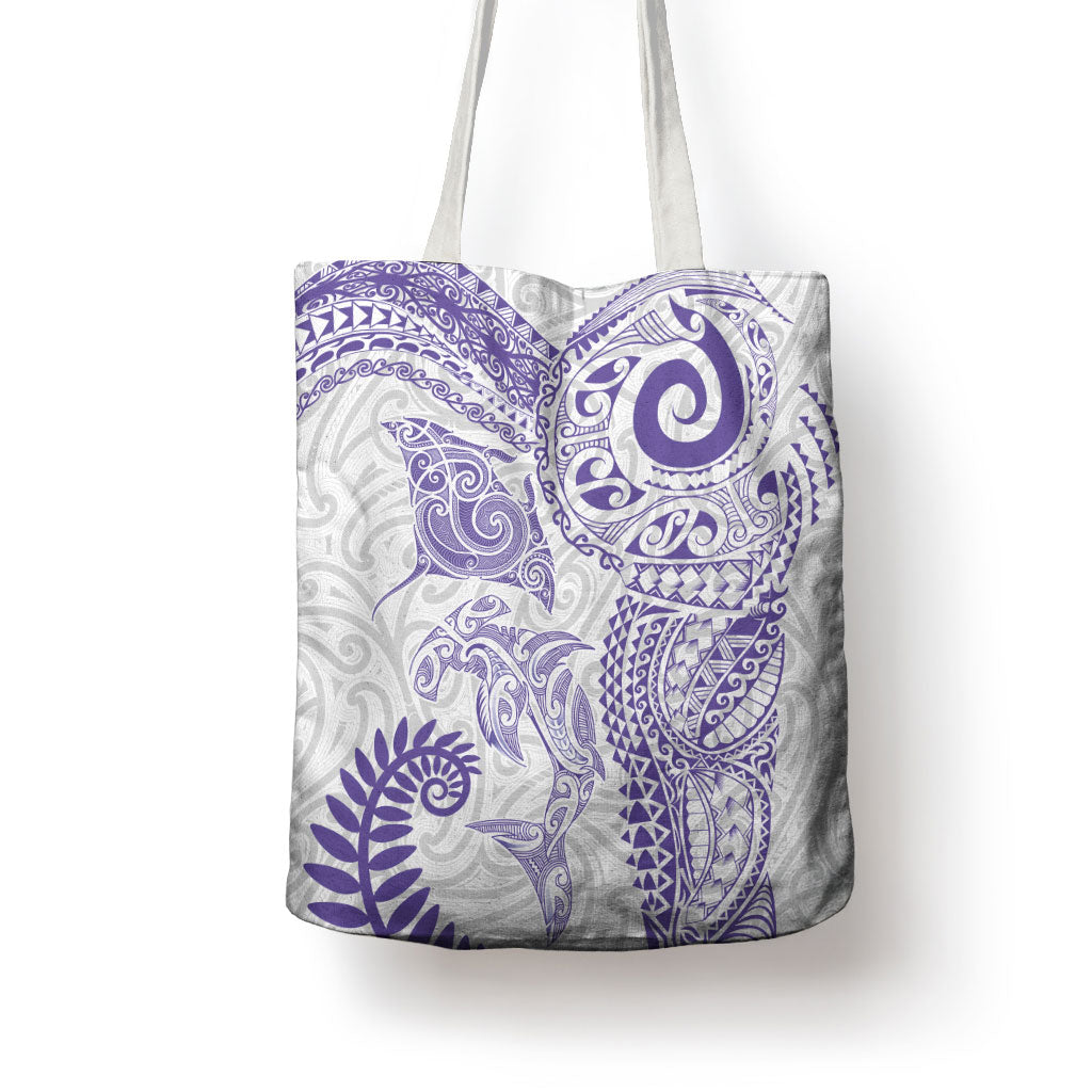 Aotearoa Maori Sea Animals Tribal Tote Bag Manta Ray and Shark Moko Pattern Purple Color LT03 - Polynesian Pride