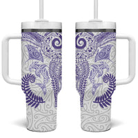 Aotearoa Maori Sea Animals Tribal Tumbler With Handle Manta Ray and Shark Moko Pattern Purple Color LT03 One Size: 40 oz Purple - Polynesian Pride