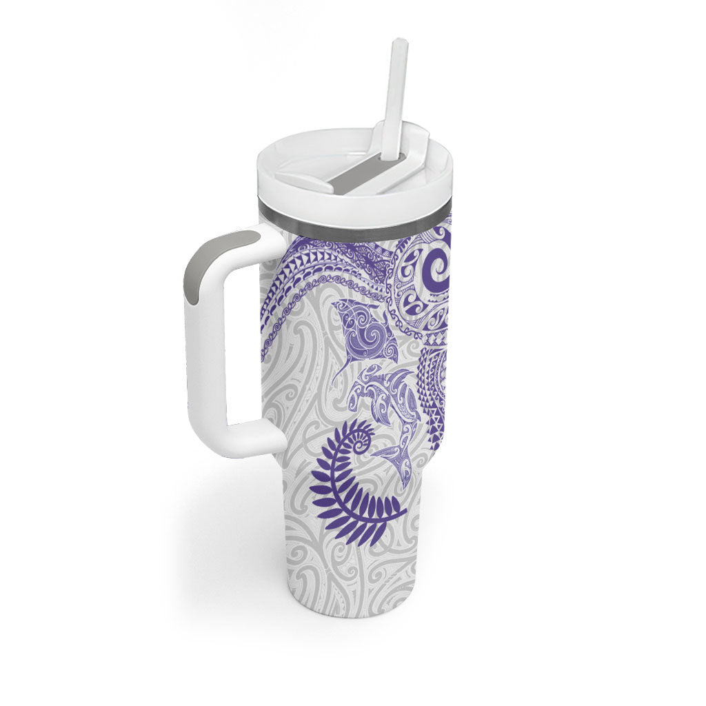 Aotearoa Maori Sea Animals Tribal Tumbler With Handle Manta Ray and Shark Moko Pattern Purple Color LT03 - Polynesian Pride