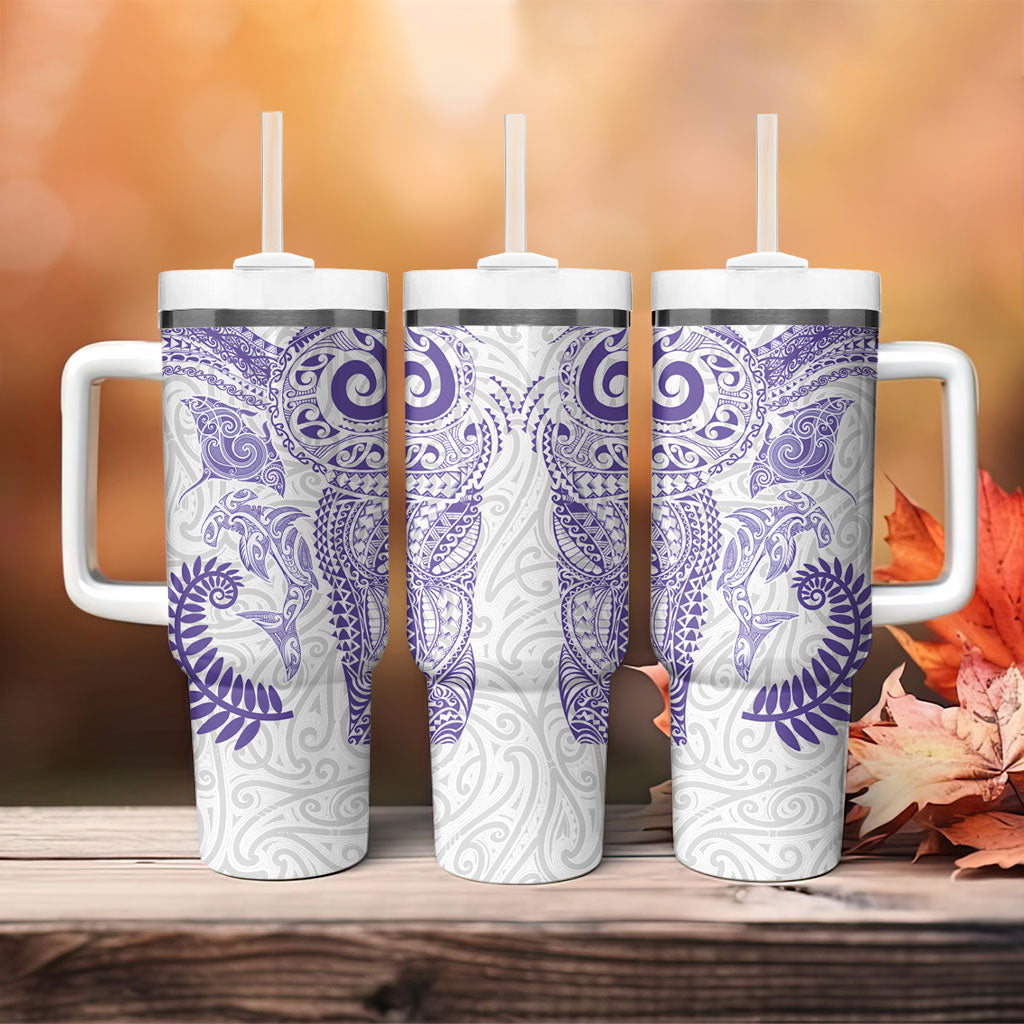 Aotearoa Maori Sea Animals Tribal Tumbler With Handle Manta Ray and Shark Moko Pattern Purple Color LT03 - Polynesian Pride