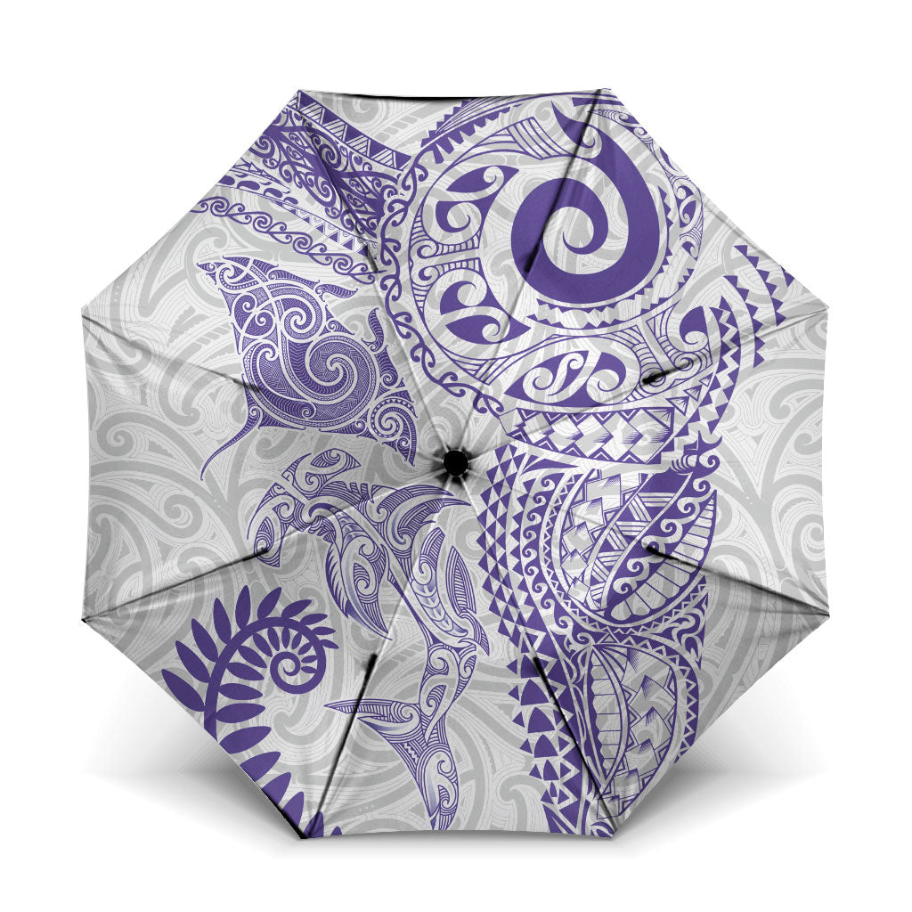 Aotearoa Maori Sea Animals Tribal Umbrella Manta Ray and Shark Moko Pattern Purple Color