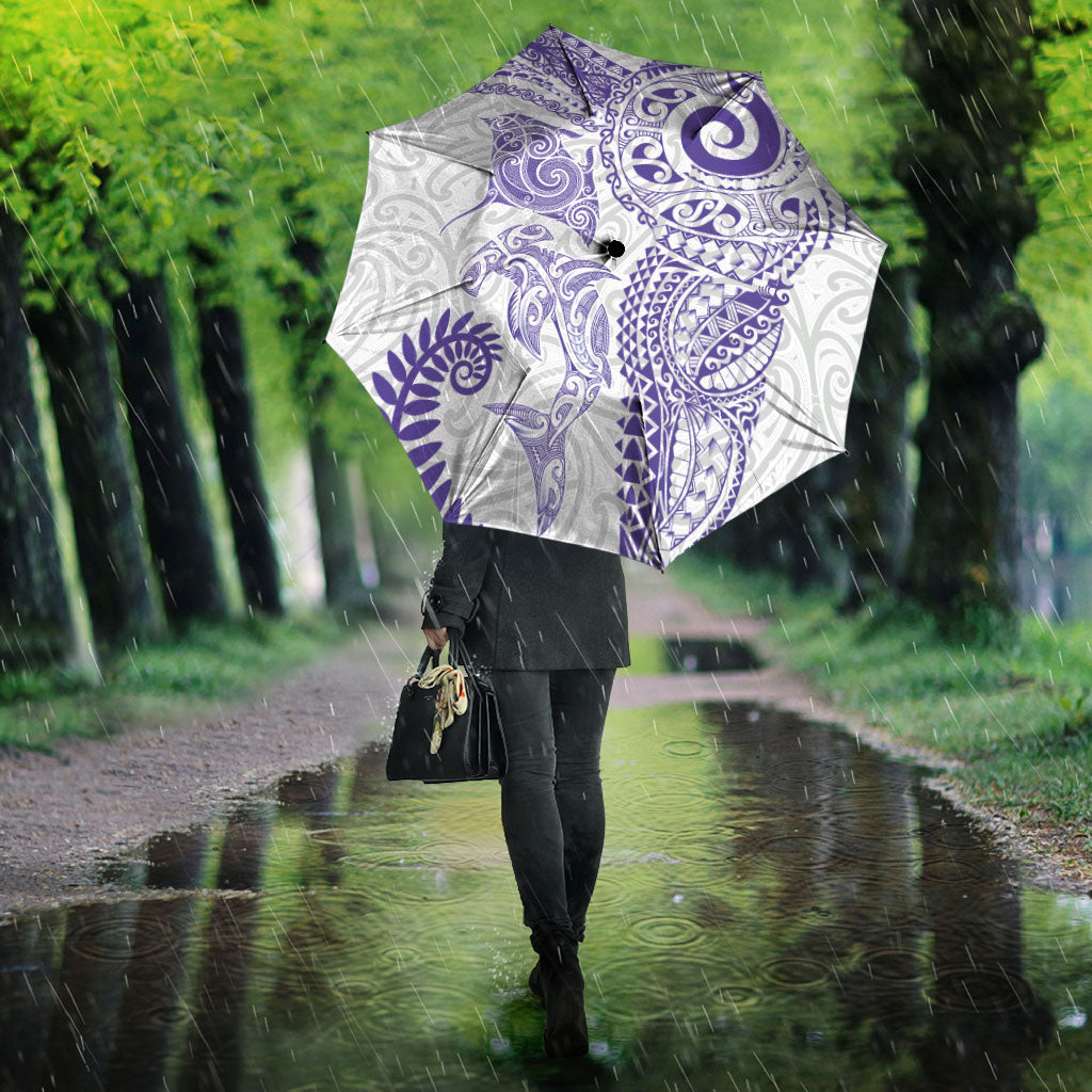 Aotearoa Maori Sea Animals Tribal Umbrella Manta Ray and Shark Moko Pattern Purple Color