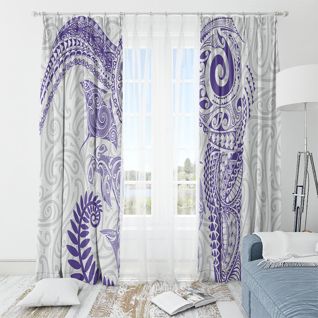 Aotearoa Maori Sea Animals Tribal Window Curtain Manta Ray and Shark Moko Pattern Purple Color