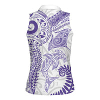 Aotearoa Maori Sea Animals Tribal Women Sleeveless Polo Shirt Manta Ray and Shark Moko Pattern Purple Color LT03 - Polynesian Pride